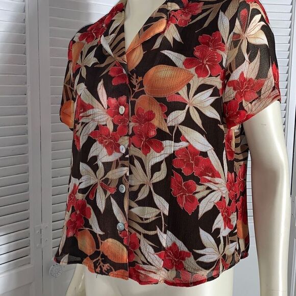 Vintage 90’s Semi Sheer Double Layered Brown Floral Button Down Blouse 14P - Picture 11 of 14